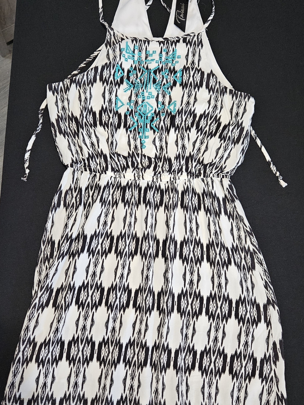 Women’s Black & White Halter Midi Dress with Turquoise Embroidery